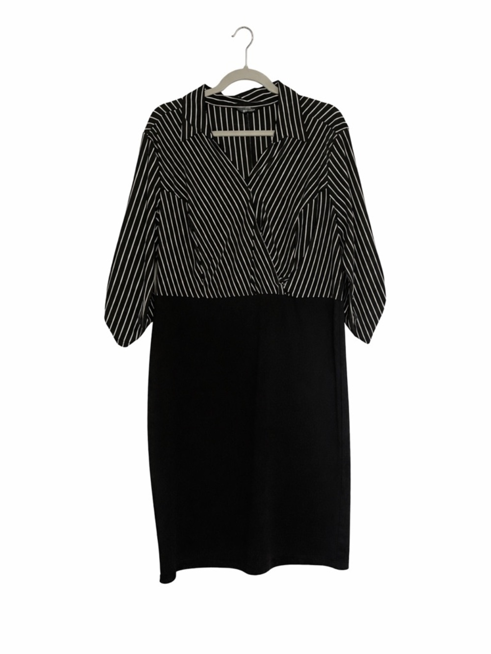 Black & White Striped Faux Wrap Career Dress | 3/4 Sleeve Midi Sheath